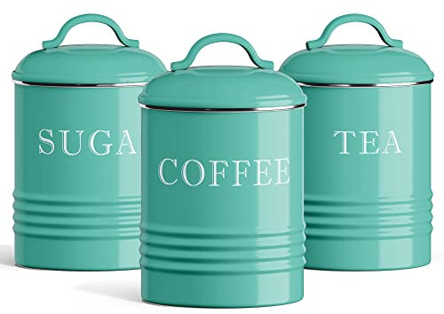 Barnyard Designs Kanister-Sets für Küchentheke, Vintage-Küchenkanister, ländliche rustikale Bauernhausdekoration für die Küche, Kaffee-Tee-Zucker-Bauernhaus, Metall, 3er-Set, Türkis
