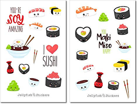Set d'autocollants mignons pour sushi | Autocollants multicolores | Journal Sticker | Autocollants Kawaii | Autocollants nourriture | Autocollants visages | Autocollants baguettes