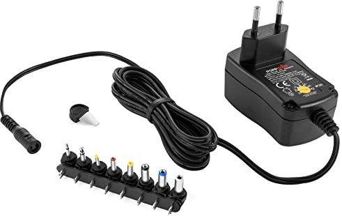 Poppstar Alimentador Universal (3 V, 4,5 V, 5 V, 6 V, 7,5 V, 9 V, 12 V – 1 A (1000mA), con 8 Conectores y LED, Cable eléctrico 150 cm