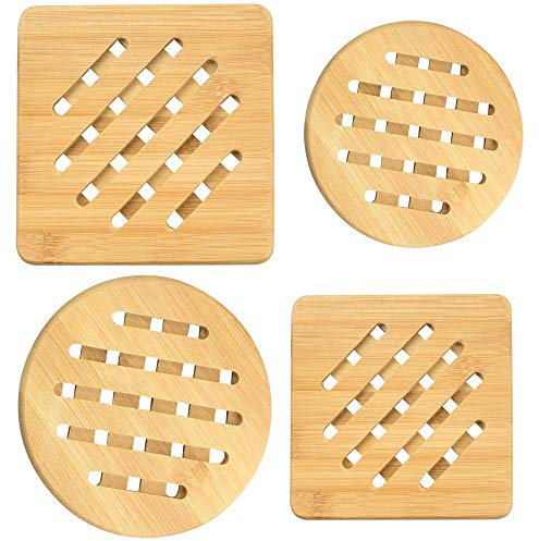 RMENOOR 4 Stück Topfuntersetzer Bambus Hitzebeständig Natur Waschbar Untersetzer Quadratisch und Rund Pfannenuntersetzer mit Abtropfgestell für Küche Schüssel Töpfe Teller(15cm)
