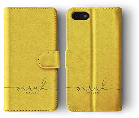 Tirita Personalised Leather Flip Wallet Phone Case with Card Holder Compatible with iPhone 11 - Sassy Girl [12 - Handwritten Name on Yellow]