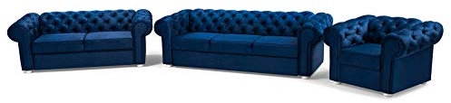MOEBLO Wohnlandschaft 321 Chesterfield 3-Sitzer, 2-Sitzer und Sessel, Samtbezug Polstersofa Sofas Couch für Wohnzimmer Loungesofa Federkern Vintage Design Avia (Marineblau)