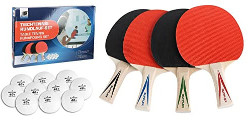 Sunflex Tischtennisset Rundlauf | 4 Schläger ohne Schwamm und 10 weiße Tischtennisbälle 40+ | Ping Pong Set ideal für Anfänger und Familie |Partie Tischtennis für bis zu 4 Spieler
