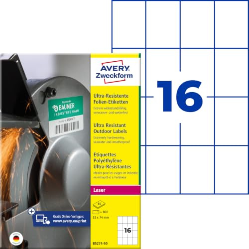 AVERY Zweckform B5274-50 Strapazierfähige Folienetiketten (800 Aufkleber, 52x74mm auf A4, extrem stark selbstklebend, für schwierige Oberflächen, bedruckbare Outdoor Klebefolie) 50 Blatt, weiß