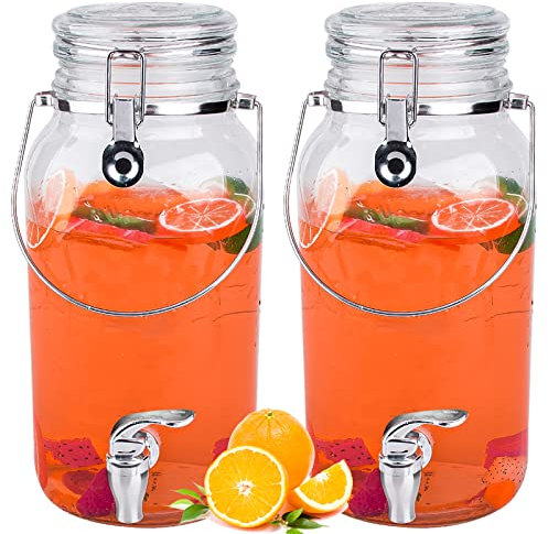 Eleganttime Home 1 Gallon Cold Drink Glass Mason Jar Beverage Dispenser With Spigot And Handle Trigger with Locking Clamp Drink Dispenser with Easy Flow Spigot for Outdoor, Parties and Daily Use