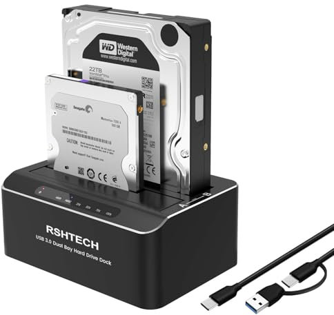 RSHTECH Hard Drive Docking Station Dual Bay, Aluminum External 2.5 & 3.5 inch SATA HDD/SSD Enclosure , USB 3.0 Type-C/A to SATA HDD Caddy, Supports UASP, Offline Clone, Tool-Free, 2x 22TB (RSH-DS01C)