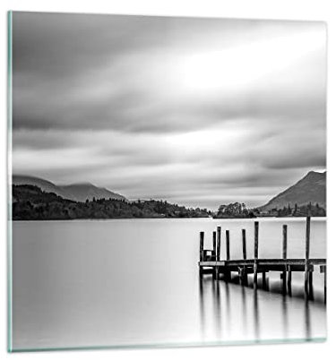 Moderne Impression sur Verre Noir Et Blanc Paysage Lac Image Tableau en Verre Decoration Murale 60x60cm Deco Cadre Salon Chambre Cuisine Carré Grand Tableaux Decoratifs Muraux Art Wall GAC60x60-4321