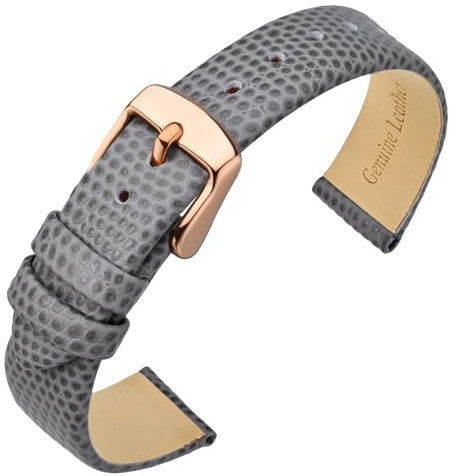 ANNEFIT Uhrenarmband 14mm Leder für Damen, Eidechsen-Prägung Ersatzarmband mit Edelstahl Roségold Schnalle (Grau)