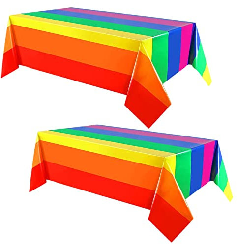 2Pack 137*274cm Pride Party Table Cloth-Rainbow Tablecovers for Kids Party Decorations-Birthday Rainbow Party Disposable Plastic Table Cover for LGBT Party,Kids Birthday,Summer,Cocktail Party Decor