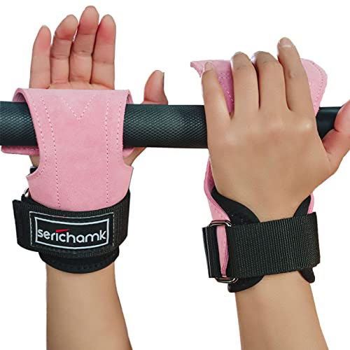Handgelenkbandagen für Gewichtheben mit Handgelenkbandagen, Leder, Gewichtheben, Handgelenkbandage, Griffhilfe, Kreuzheben, Training, Fitnessstudio, Riemen für Männer und Frauen, Rosa