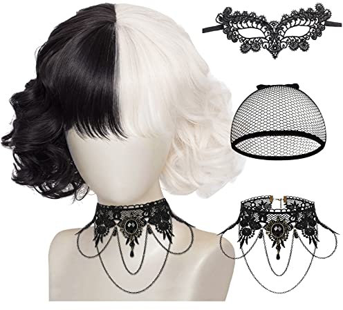 Schwarze und WeißE PerüCke Kurz Gewellt Schwarz Weiß, Halb Schwarz Halb Weiß PerüCke, Halloween Kurze Schwarz WeißE PerüCke, Cosplay Party Wig für Karneval und Party Fancy Dress