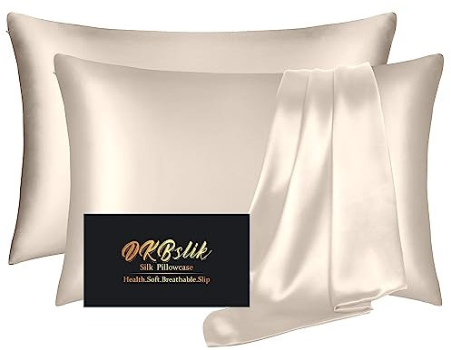 Silk Pillowcase 2 Pack, Mulberry Silk Pillow Cases Queen Size Set of 2, Anti Acne Silk Pillowcase for Hair and Skin, Natural Silk Satin Pillowcases Gifts for Women Men 2 Pack with Zipper, Beige