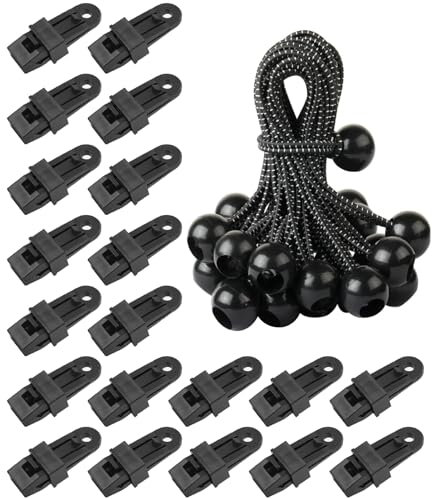 Jicyor 40 Stück Planenspanner Planenclips Set, Planenbefestigung Befestigungsclips, 20 Schwerlastplanen Clips und 20 Spanngummis mit Kugel für Campingzelte und Abdeckung(Schwarz)
