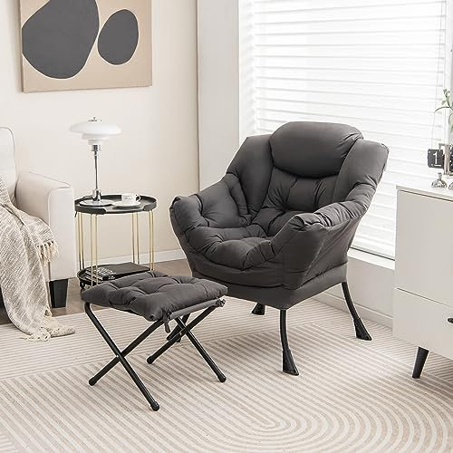 RELAX4LIFE Fauteuil de Salon avec Repose-Pied, Fauteuil Relax Confortable en PE avec Poche Latérale-Appui-tête-Patins Antidérapants pour Chambre Salon Bureau,Gris