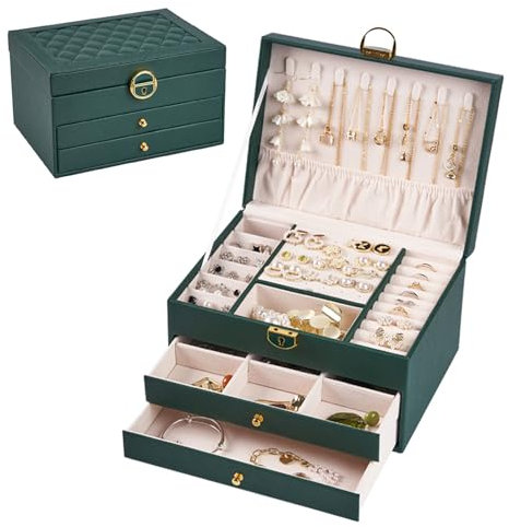 Terafeels Jewellery Organiser with Drawers and Layers Leather Jewellery Storage Box with Lock Jewellery Storage Case for Necklaces Earrings Bracelets and Rings, Green
