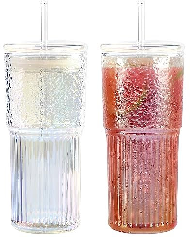 Glass Tumbler with Lid and Straw, 590 ml/20 oz Iced Coffee Glass Cups, Vintage Ripple Drinking Glassware, Smoothie Cup with Straw for Water Coffee Tea 2 PCS, Iridescent