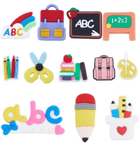SUNNYCLUE 72Pcs School Shoe Charms Teacher Shoe Charms Bulk Flat Back PVC Shoe Charm Chalkboard Letter ABC Scissors Flatbacks Pencil Backpack Shoe Decoration Charms for DIY Crafts Phone Case Ornament