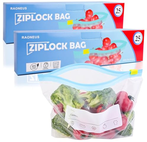 50PCS RAONEUS Zip Lock Bags Small Freezer Bags (1.4L) Zip Food Bags with Expandable Bottom Airtight and Leakproof Zip Seal BPA Free Reusable for Food Storage, Snacks, Fruits Sandwich