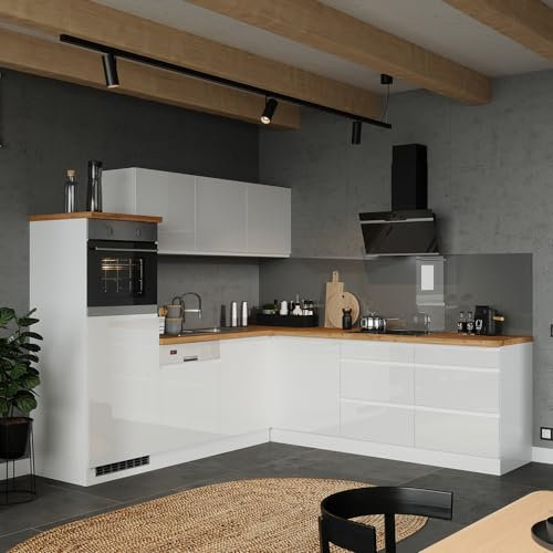 Lomadox Küche Küchenzeile Winkelküche 240/240cm, inkl. E-Geräte, in Hochglanz weiß, Arbeitsplatte Eiche | inkl. Dunstabzugshaube, Induktionskochfeld, Einbau-Backofen, teilintegrierter Geschirrspüler