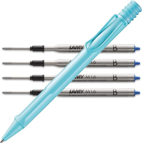 Lamy safari Kugelschreiber - mit ergonomischem Griff aus robustem ASA-Kunststoff - inkl. Großraummine M 16 in Strichbreite M in schwarz und 4 in blau B Bundle (SET B (blau), aquasky)