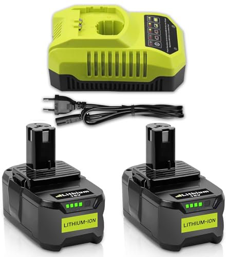2Pcs 5.5Ah Batterie de Rechange pour Ryobi 18V Batterie P108 avec 3A pour Ryobi Lithium-ION & NI-Mh Chargeur 9.6V-18V BCL14181H Compatible avec RB18L50 RB18L40 RB18L25 RB18L15 RB18L13