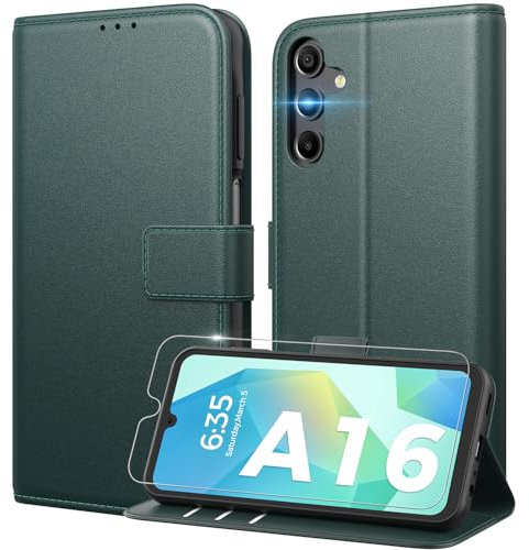 Peakally Handyhülle für Samsung Galaxy A16 5G Hülle [Mit 1 Stück Panzer Schutz Glas] [Premium PU Leder] [RFID-Blockierung] [Kartenfach] Klapphülle kompatibel mit Galaxy A16 5G / A16 4G - Grün