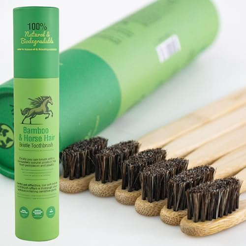 Gaia Guy mjuk naturlig borst bambutandborste (ingen nylon - endast hästhår) - helt komposterbar och biologiskt nedbrytbar mjuk hästhår borst och bambutandborstar - noll avfall - 6-pack