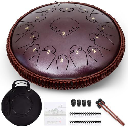 Amkoskr Stahlzungentrommel, 14 Zoll 35 cm Steel Tongue Drum, D-Dur 15 Noten, Handtrommel HandPan Drum mit Drumsticks/Tragetasche(Violett)