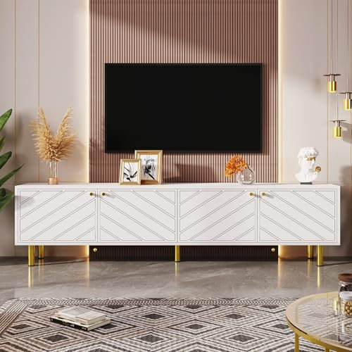 KecDuey Mobile TV bianco, TV Bank,TV Lowboard con manici e piedini in metallo dorati, per TV con quattro ante, adatto per diversi stili di arredamento
