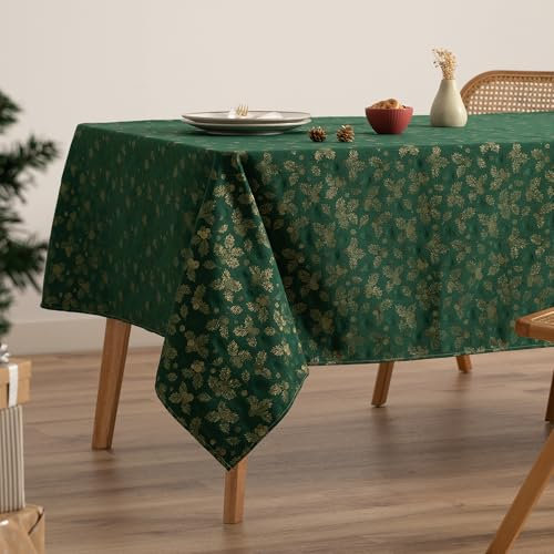 GAMUSI Tischdecke für Weihnachten, Jacquard, Goldgarn, Esstisch, rechteckig, Weihnachtsdekoration, 140 x 350 cm, Grün