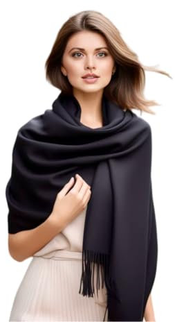 LA FERANI Damen Kaschmir Schal Halstuch dünn Herbbst Winter 185x65 Kaschmirschal Schwarz stilvoll elegant Wollschal Wolle Uni Farbe Damenschal (Schwarz)