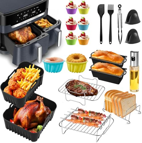 Accesorios para freidora de aire caliente Tefal Dual Easy Fry XXL 11 L (6,5 L + 4,5 L), 21 unidades, accesorios para freidora de aire caliente Tefal EY942B, con forro de silicona reutilizable y