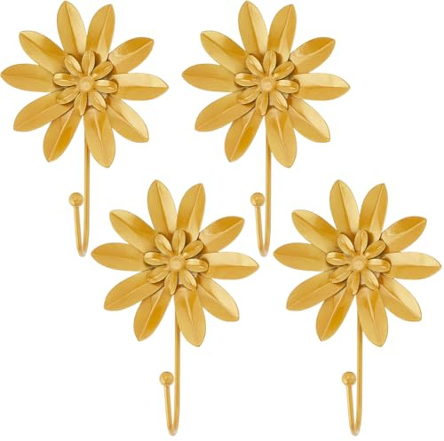 GORGECRAFT 4 Stück Goldene Blumen Einzelhaken Aus Metall Und Eisen Retro Wanddekoration 3D Blumenmuster Strapazierfähig Für Zimmer Bauernhaus Boho Dekorativer Haken Zum Aufhängen von Mänteln Hüten