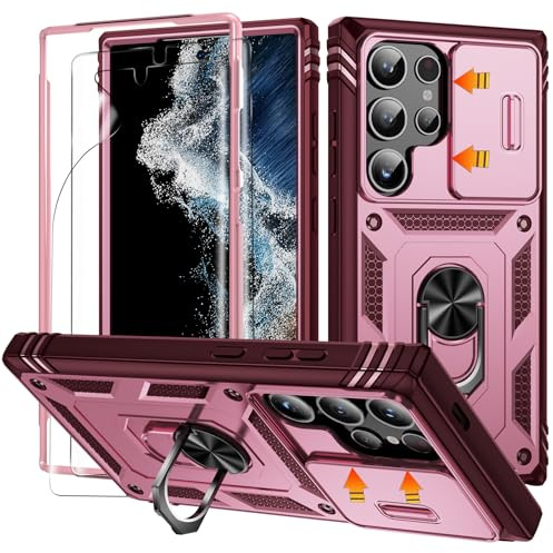 for Samsung S24 Ultra Case with Camera Cover Slider, 2*Screen Protectors,Build in 360°Rotating Ring Kickstand, Military Grade Protective Case for Samsung Galaxy S24 Ultra 5G 6.9-Wine Red/Pink
