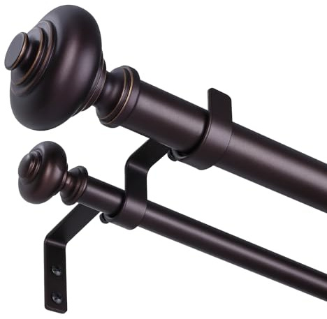 Doppelte Gardinenstangen für Fenster, 168 bis 305 cm, Landhausstil, dekorativ, 2,5 cm, verstellbar, lang, doppelte Gardinenstange, strapazierfähig, Boho, rustikal, doppelte Gardinenstange mit brauner