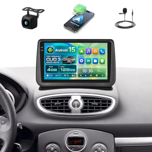 4+128G Radio Coche Bluetooth Android 15 para Renault Clio 3th 2005-2014 con CarPlay Android Auto inalámbricos, Pantalla Coche Incell 9 con Bluetooth 5.0, GPS, WiFi, FM/RDS,EQ+Cámara de Marcha&Mic
