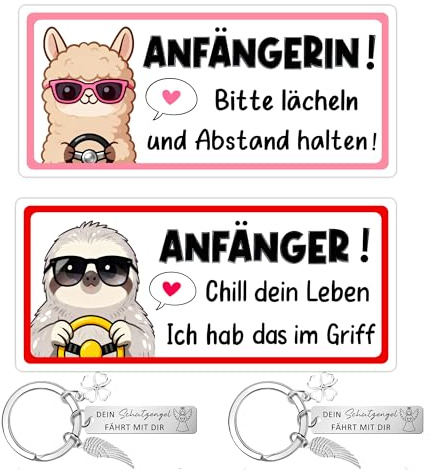 Dercylele ﻿ 2 Stück Anfänger Schild Auto, Fahranfänger Aufkleber, Fahranfänger Magnetschild mit 2 Schutzengel Auto Schlüsselanhänger,Führerschein Bestanden Geschenk ﻿