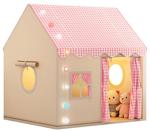 OUUTMEE Kinderzelt 2 in 1 mit Spielmatte, Indoor Spielhaus Kariert Rosa