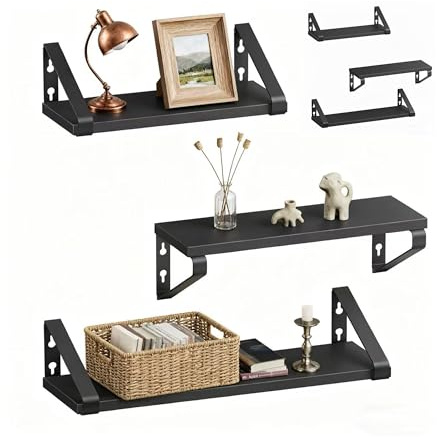 Relaxdays Wandregal, 6er Set, 3 Größen: 30, 35, 40 cm Breite, Holzoptik & Metall, Wandbretter für Bücher & Deko, schwarz