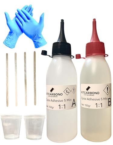 Kitcarbono Pegamento Epoxi Profesional Ultrafuerte 300gr Resina Epoxi Extra Fuerte para Reparación Rapida, Adhesivo Epoxi 5 minutos para Madera, Cerámica, Metal, Fibra de Carbono