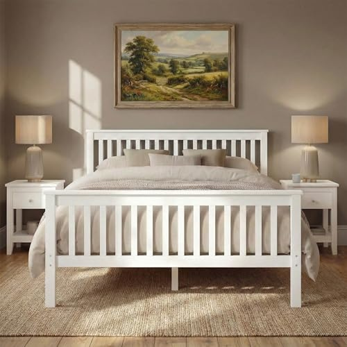 Blisswood Double Bed, 4ft6 Double Bed Frame for Bedroom, Solid Pine Wood Bed Frames For Kids & Adults, Wooden Bed Frame With Headboard & Low Foot, Double Beds 198L x 143W x 82H, White