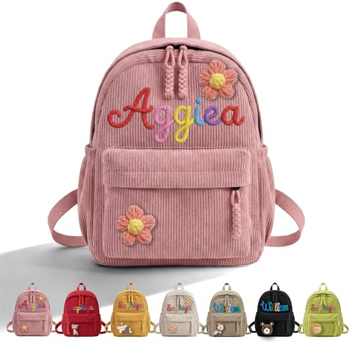 CGFN Personalisierter Kinder Rucksack Kita & Schule Cord mit Namen (Rosa) | Personalisiert & Kuscheltier-Mix, Weicher & robuster Cord