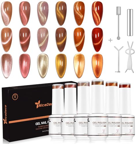 Nicedeco Cat Eye Gel Nail Polish Set, UV/LED Soak-Off Magnetic Gel Polish Nail Art Manicure Pedicure, Salon & Home Use - Long Lasting & Easy to Apply 6pcs x 5ml-Kit53