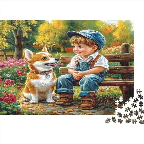 Junge und Corgi 1000 Teile Puzzle für Erwachsene Gartenbank Familienspiel Puzzle Entspannung Deko 52x38cm/1000pcs