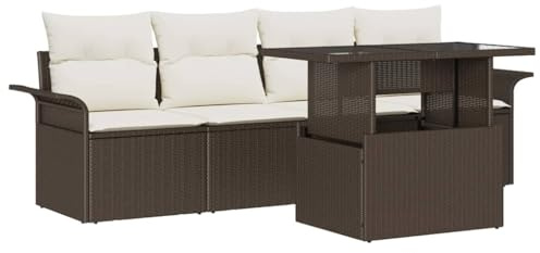Foknhdi 5-teiliges Braun Poly-Rattan Gartensofa-Set 100×55×73 cm, wetterfest, Stahlrahmen, Glas-Tisch, Balkon Terrasse