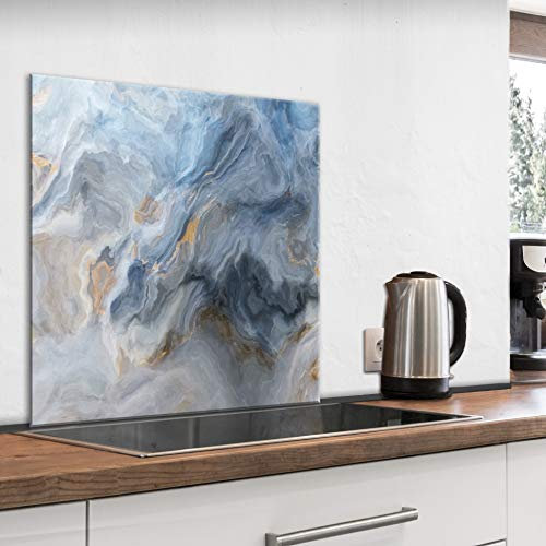 murando Glass Splashback for Kitchen Backsplash Cooker Protector Tempered Glass Decorative Wall Art Panel Heat Resistant Graphic 80x80 cm / 32x32 Marble Stone look blue grey f-B-0283-aq-a
