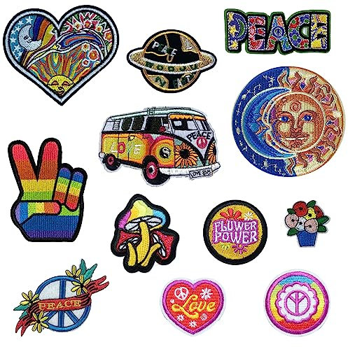 Qpout 12 Stück Hippie-Aufnäher zum Aufbügeln, Vintage-Aufnäher, Peace-Zeichen, Reparatur, dekorativer Aufnäher für Kleidung, Design, Rucksack, Jacken, Jeans, Hemd, DIY, Basteldekorationen