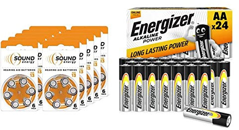 Energizer Sound Energy Hearing Aid Batteries, Size 13, Pack of 60 - Amazon Exclusive and AA Batteries, Alkaline Power, 24 Pack, Double A Battery Pack - Amazon Exclusive