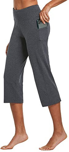 baleaf Yogahose Damen 3/4 Casual Freizeithose Jogginghose gerades Bein High Waist Traininghose Arbeitshose mit Taschen Bauchkontrolle für Fitness Workout Training Freizeit Tiefblütengrau S