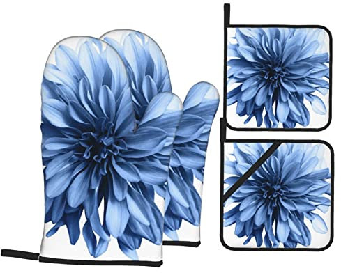 Lot de 4 maniques et maniques résistants à la chaleur – Imprimé fleur de dahlia bleu pour la cuisine, le barbecue